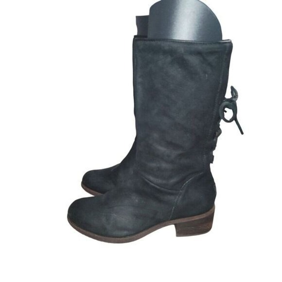Ugg Cary Womens Black Suede Boots Leather Laces Up Back 8 Western Moto Biker Y2K - Picture 3 of 10
